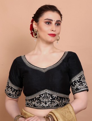 Black silk sweetheart neck ready made blouse