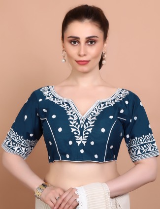 Blue cotton back open embroidered blouse