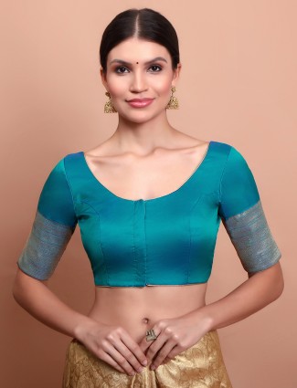 Blue silk zari weaving round neck blouse