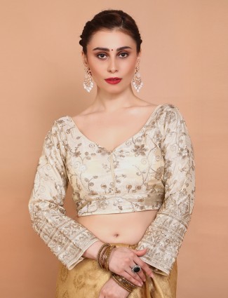 Cream tissue silk embroidered blouse with V neckline