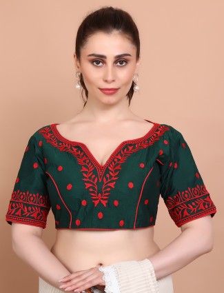 Green cotton embroidered blouse with back closure