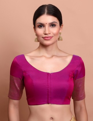 Magenta silk zari weaving round neck blouse