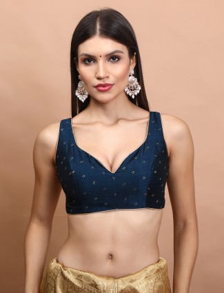 Navy silk blouse with sweetheart zari weaving
