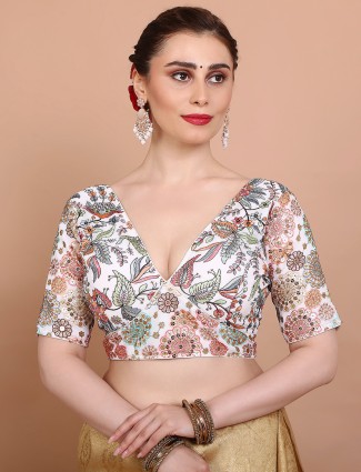 Off white georgette V neck party blouse with embroidery
