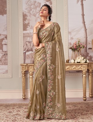 Pastel olive designer saree with shimmering sparkle