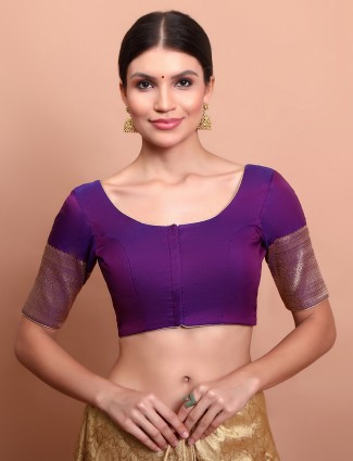 Purple silk round neck ready made blouse with zari weaving