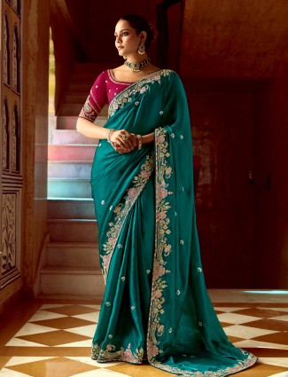 Rama green silk saree for festiveal