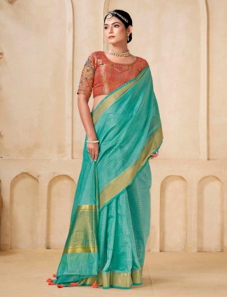 Rama green viscose saree for festive occasions