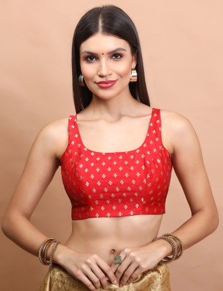 Red brocade zari weaving sleeveless blouse