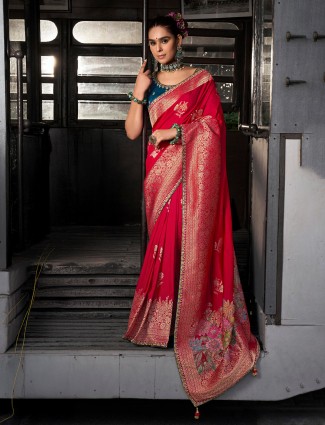 Red dola silk saree for festive wear