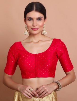 Red silk zari weaving round neck blouse