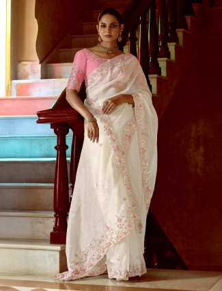 White tissue silk saree with resham accents
