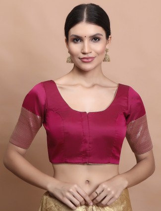 Wine silk blouse with zari round neck design