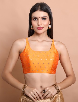Yellow brocade round neck zari woven blouse