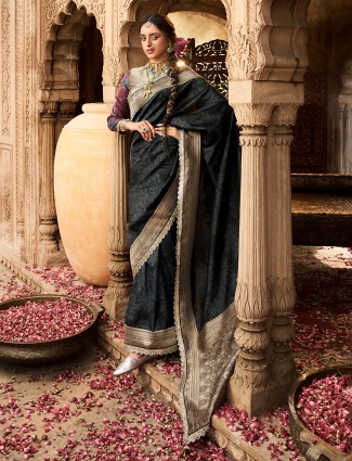 Black banarasi silk saree with elegant contrast border
