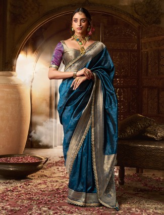Blue banarasi silk saree for wedding occasions