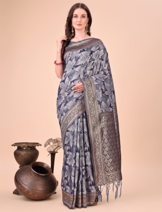 Festive wear blue cotton silk printed saree