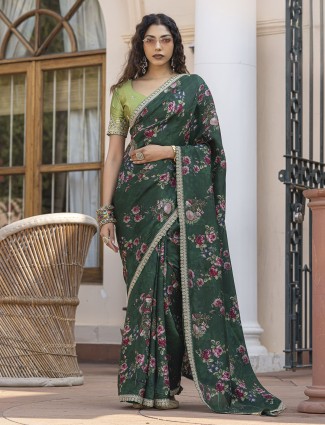 Bottole green printed saree in viscose dola silk
