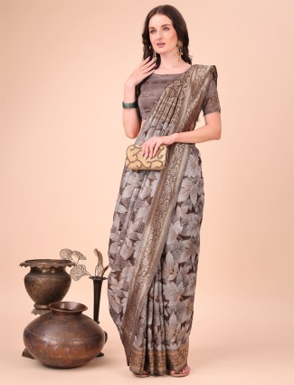 Printed brown cotton silk saree for women