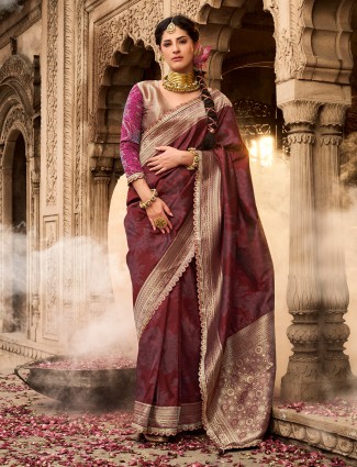 Brown banarasi silk saree for wedding functions