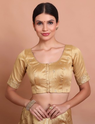 Gold silk embroidered round neck ready made blouse