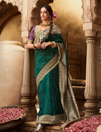 Green banarasi silk saree with rich zari border