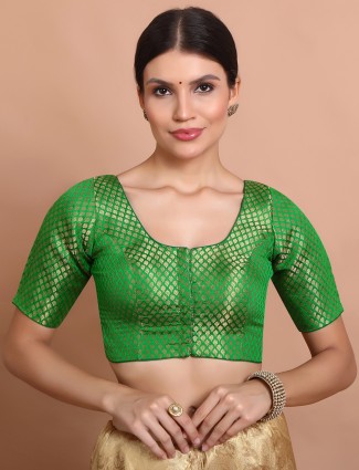 Green brocade zari weaving half sleeve blouse