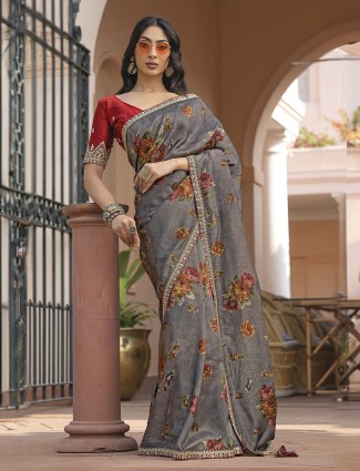 Elegant Grey Printed Dola Silk Saree for Festivals