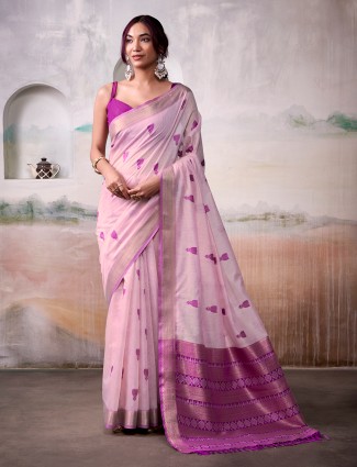 Cotton lilac purple saree with bold motifs