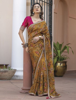 Mehendi yellow viscose dola silk printed saree