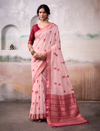 Peach cotton saree with bold maroon blouse
