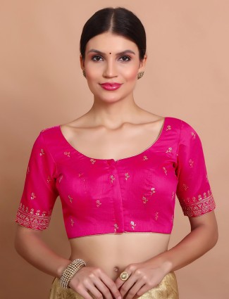 Pink silk embroidered round neck blouse