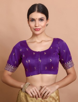 Purple silk embroidered sequin round neck blouse