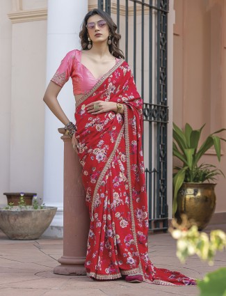 Red saree in viscose dola silk with print