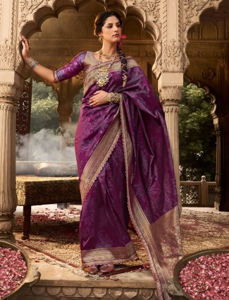Wine printed banarasi silk saree for festive wear
