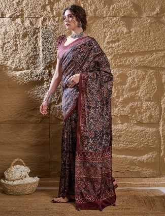 Elegant black silk saree with digital print