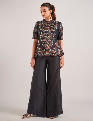 Black silk designer palazzo suit for wedding celebrations