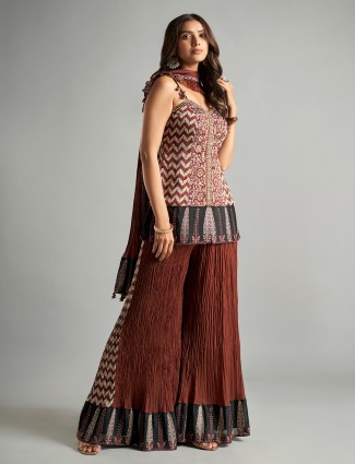 Festive brown printed silk palazzo suit