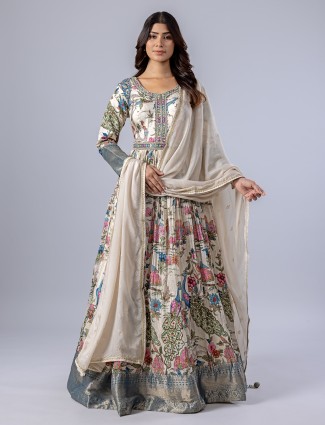 Cream floor length anarkali suit with print