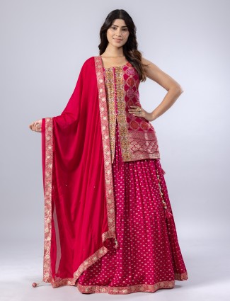 Deep pink silk lehenga suit with zari work