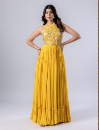 Yellow silk palazzo suit with bead work