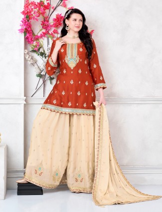 Embroidered brown silk palazzo salwar suit with dupatta