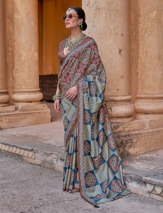 Grey silk saree with party ready prints