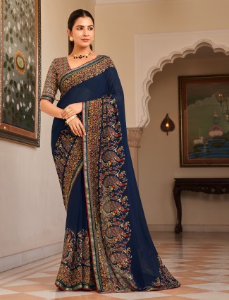 Navy georgette saree with print