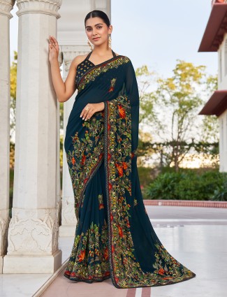 Graceful rama blue georgette saree with blouse
