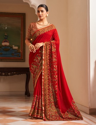 Red georgette party wear saree