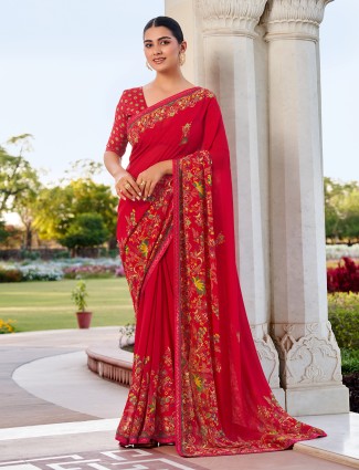 Elegant red party wear georgette saree