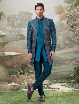 Teal blue festive indo western with embellished charm