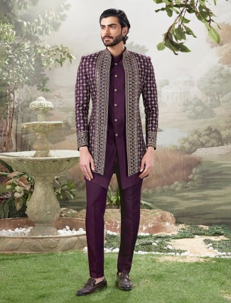 Wine royal indo western with zari stone work