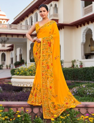 Bright yellow georgette saree for celebrations
